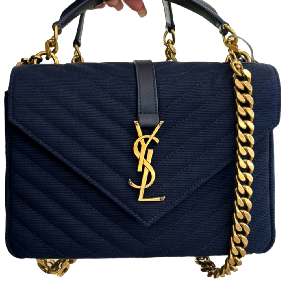 YSL Navy Quilted Handbag with Gold Chain